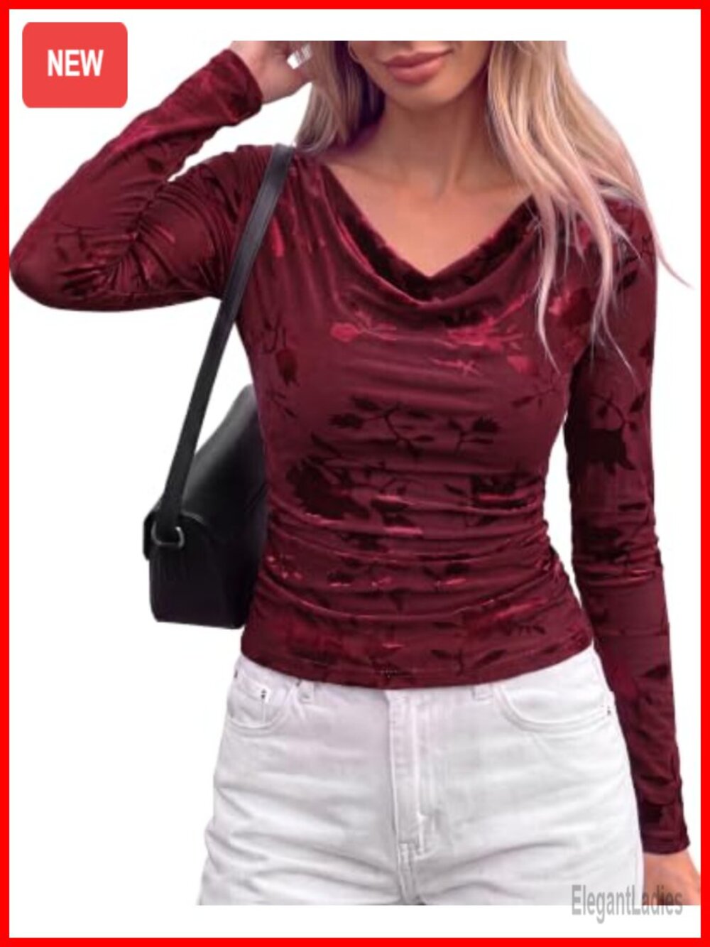 Women's Floral Mesh Boho Top Cowl Neck Long Sleeve Slim Fit Blouse